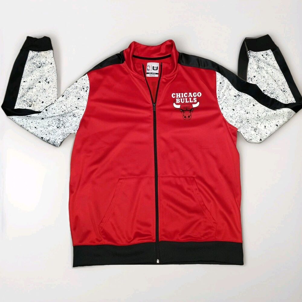 NBA Chicago Bulls Track Jacket Mens 2XL Red Full Zip Paint Splatter Warm Up